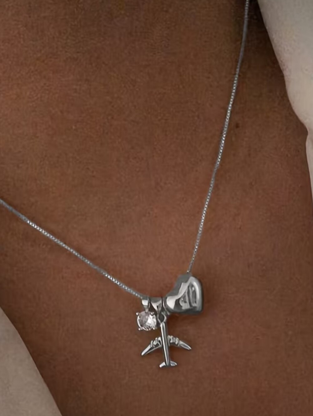 Travel Airplane Heart Necklace Silver Charm Pendant Gift for Her - Picture 3 of 7